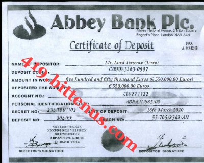 Abey bank plc deposit certificate